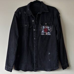 Rolling Stones inspired Upcycled Black Distressed Denim Jacket with Patch Detail